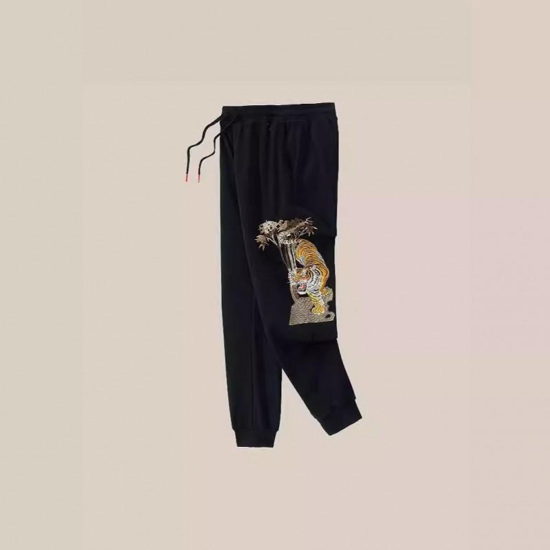 Mens Relaxed Fit Joggers Tiger Embroidery Cotton Sweatpants Plus Size Casual Trousers
