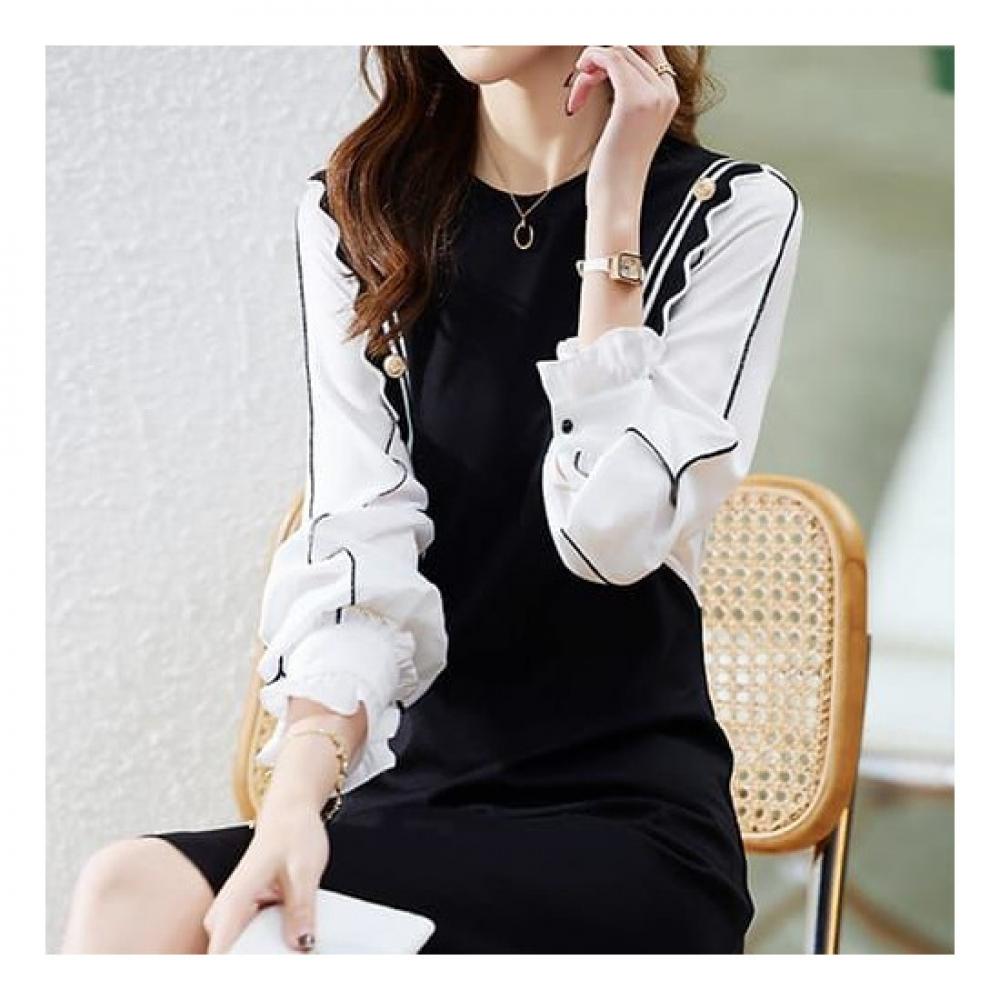 Navava Women Colorblock Round Neck Long Sleeve Dress No722
