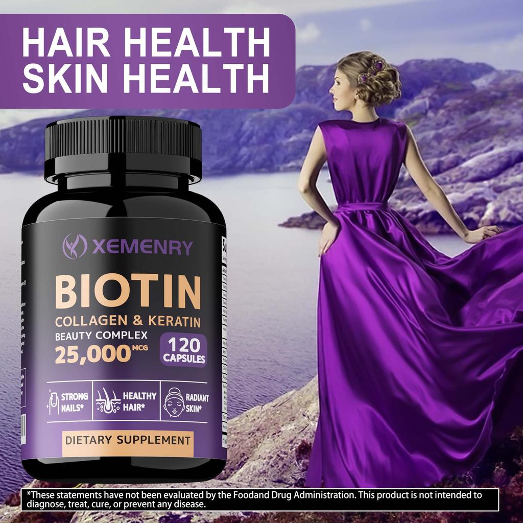High-content biotin complex capsules, 25000mcg biotin, collagen, keratin, suitable for both men and women.