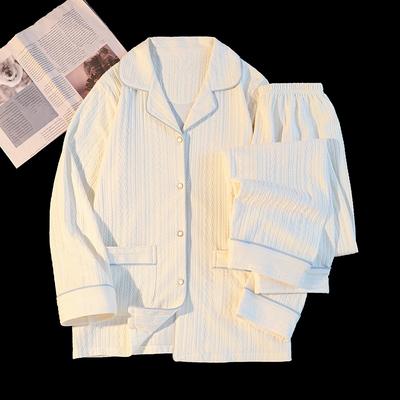 Весенняя милая женская пижама с длинным рукавом и воротником-лацканами, комплект из 2 предметов, однотонная простая повседневная женская одежда для сна