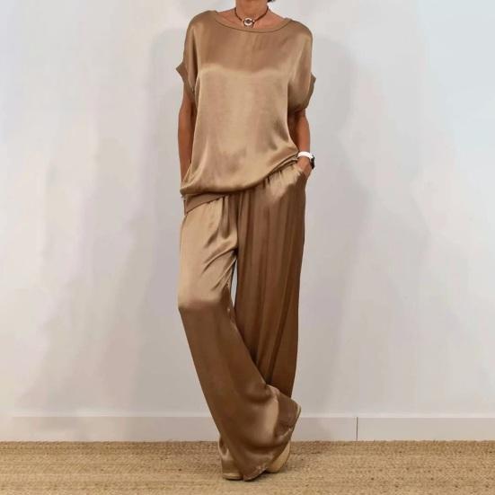 Повседневный атласный комплект для дома с круглым вырезом и брюками широкого кроя для весны/лета