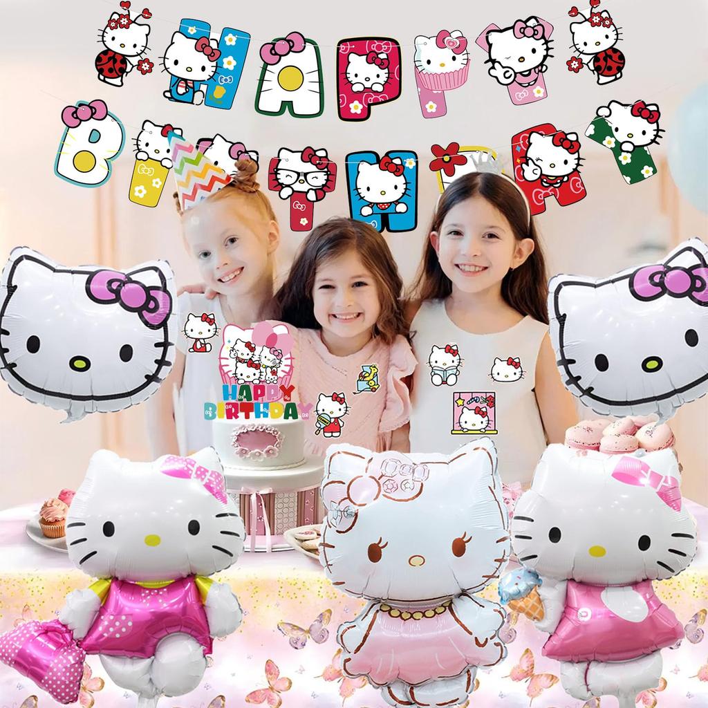 Набор для украшения на день рождения LakPty Hello Kitty с воздушными шарами и милыми алюминиевыми шарами, гирлянда HAPPY BIRTHDAY для детей и девочек, идеально подходит для дня рождения