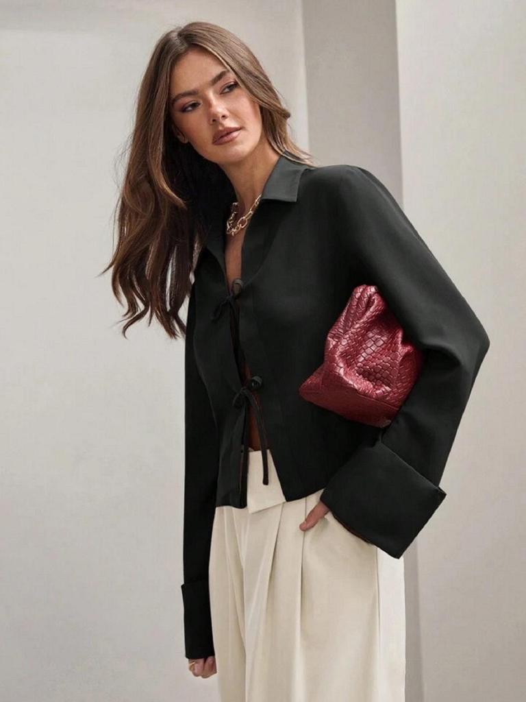 Женская весенне-летняя рубашка-кардиган с длинным рукавом и завязками-бантами, 2025