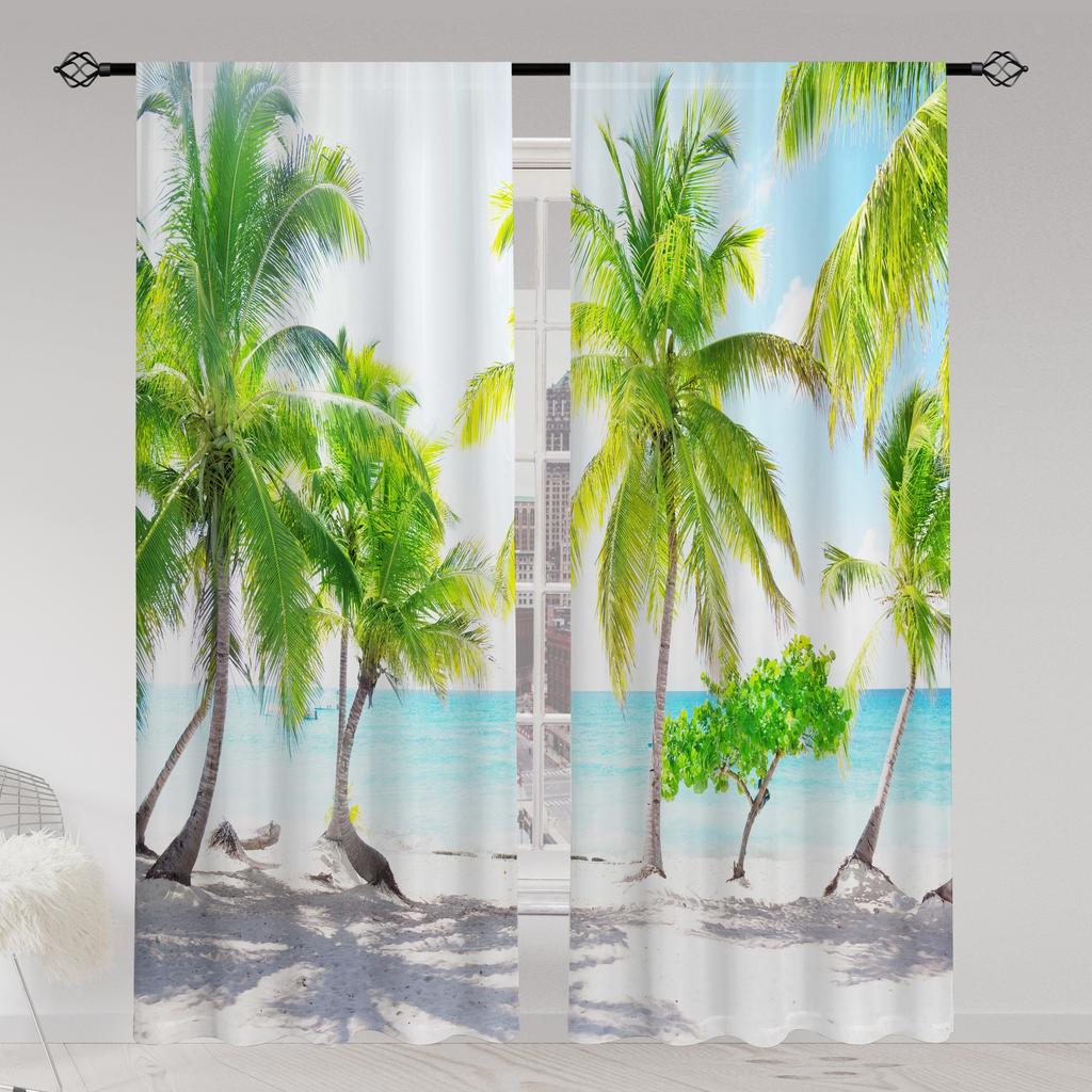 2pcs Landscape Seaside Coconut Tree Blue Sky White Cloud Printed Translucent Curtain Multi-scene Polyester Rod Pocket Decorative