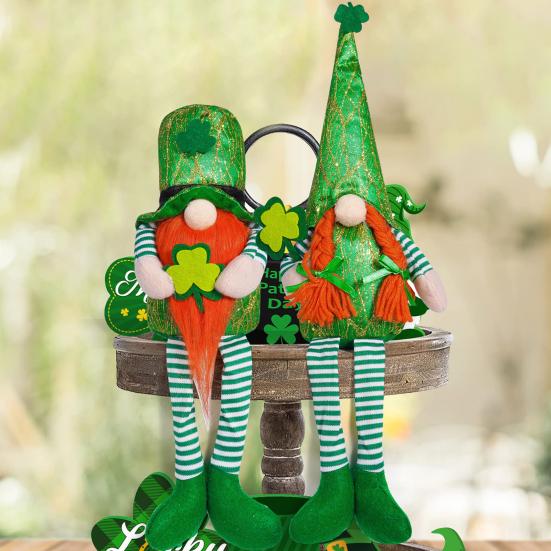 St. Patrick's Day Gnome Decoration Plush Gnome Doll Figurine with Shamrock Handmade Irish Faceless Dwarf Ornament for Table Decor