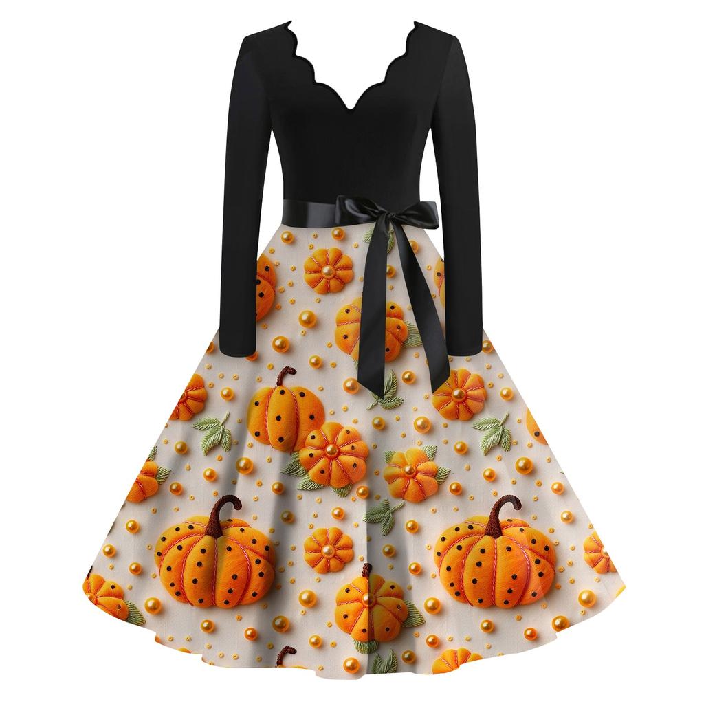 Женская повседневная мода с длинным рукавом Хэллоуин принт винтажные длинные платья осень