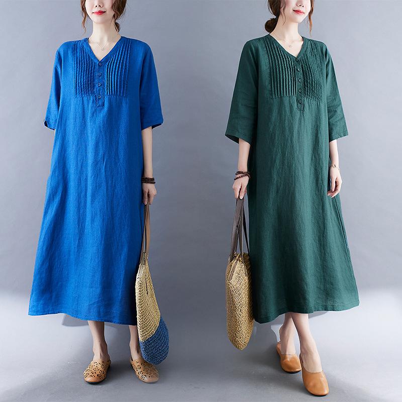 Women's Summer Five-point Sleeve Foreign Air Age Reduction Fashion Dress Women's Casual V-neck Thin Over The Knee Dress