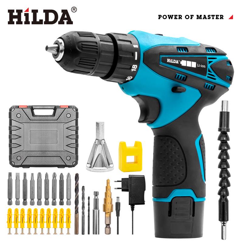 Hilda 12V Dual-Speed Cordless Screwdriver Drill with Rechargeable Lithium Battery, LED Light, and 2 Waterproof Hand Pieces