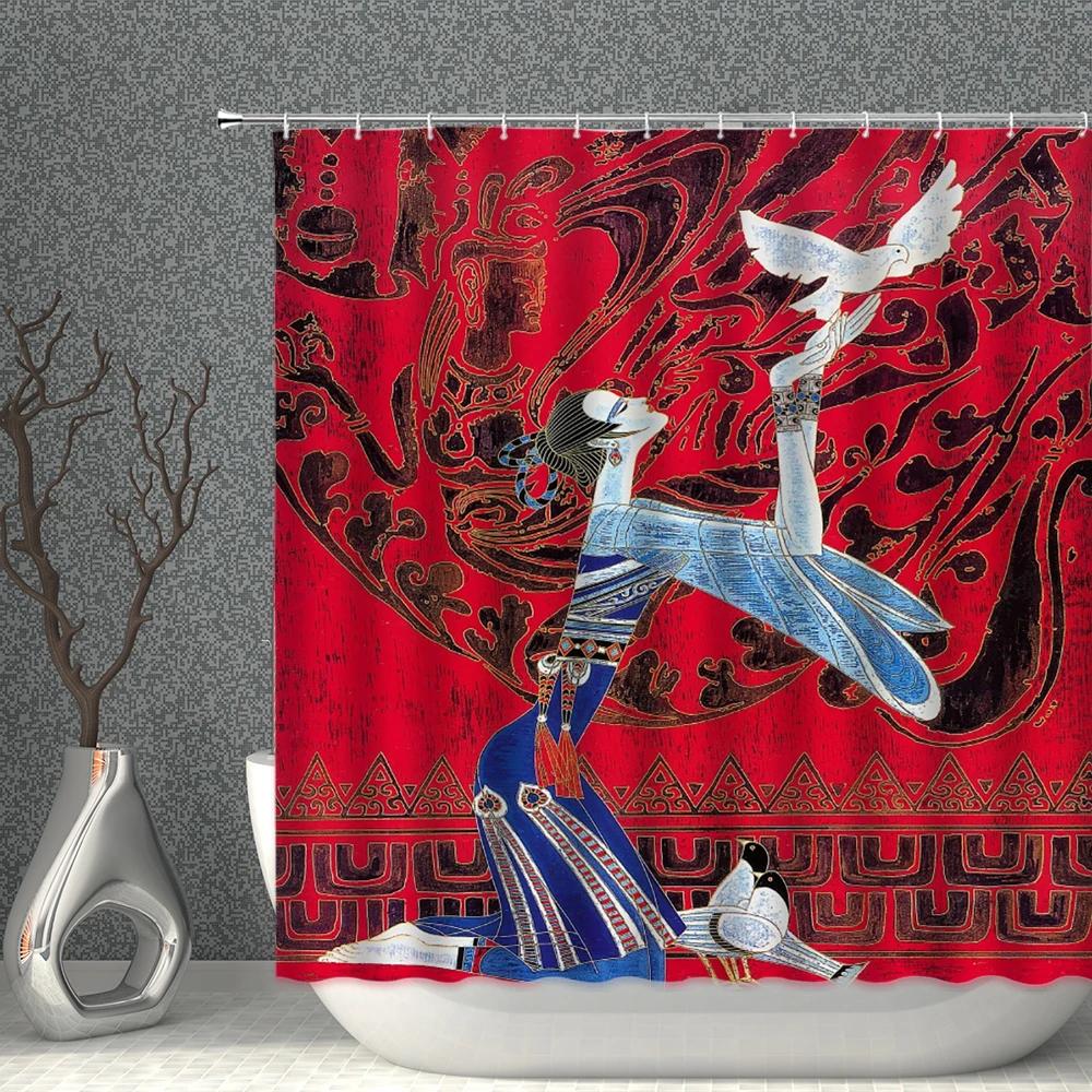 Chinese Style Shower Curtains Waterproof Fabric Flower Bird Eagle Horse Bathroom Curtain With Hooks Bath Screen Home Decoration
