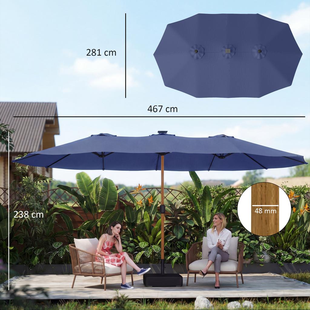 Double Garden Umbrella 4.7x2.8 M With Base Included Crank Sandbags UV Protection Waterproof Dark Blue