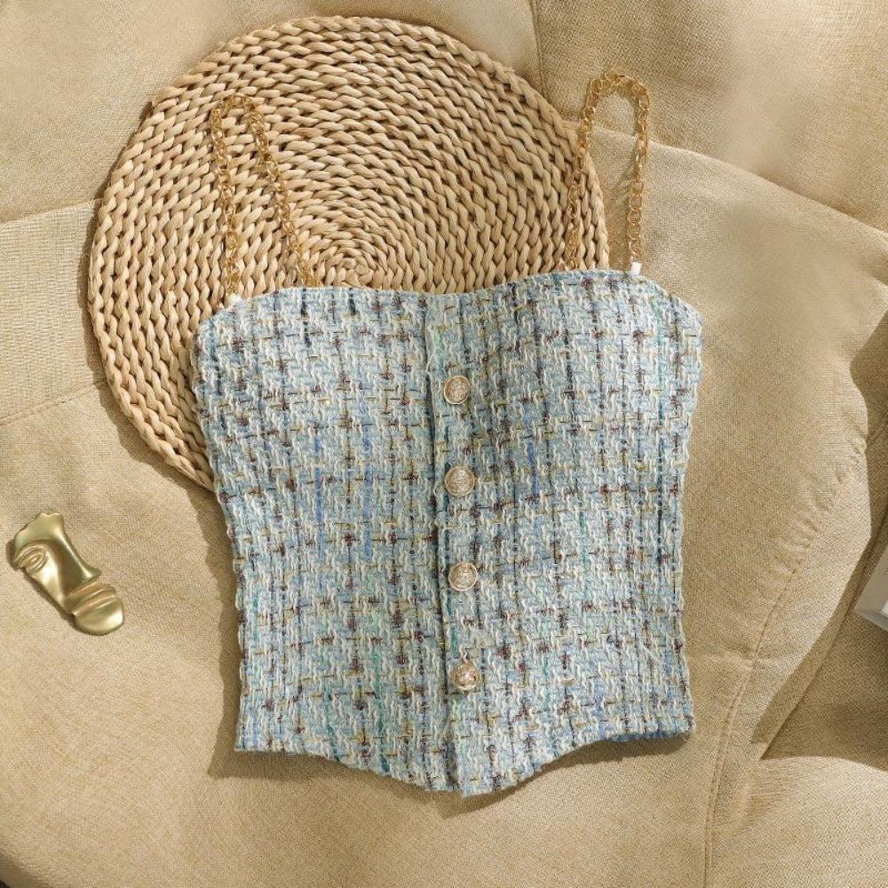 Plaid Tank Top Solid Metal Chain Halter Crop Tops Women Summer Camis Backless Camisole Fashion Casual Tube Female Sleeveless Cropped Vest Y2K