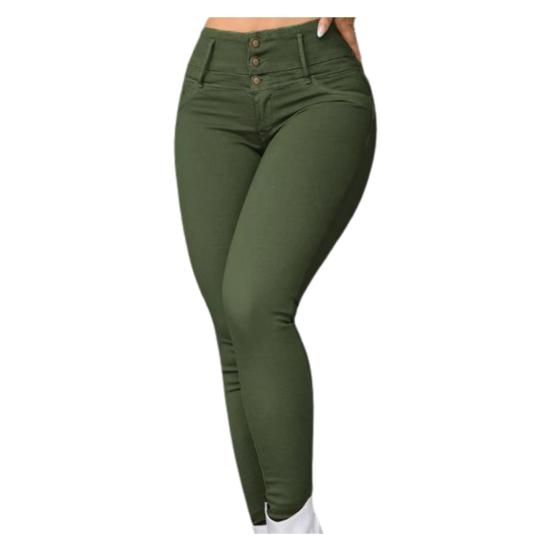Women Pants High Waist Slim Fit Zipper Button Closure Solid Color Pockets Soft