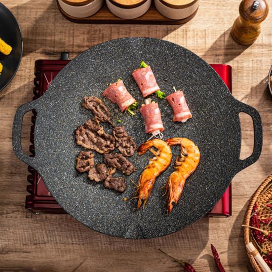 Yousheng Korean BBQ Grill Pan Non-stick Round Baking Pan for Indoor Cooking Barbecue Tray with Handles Cast Iron Frying Pan for Home Camping