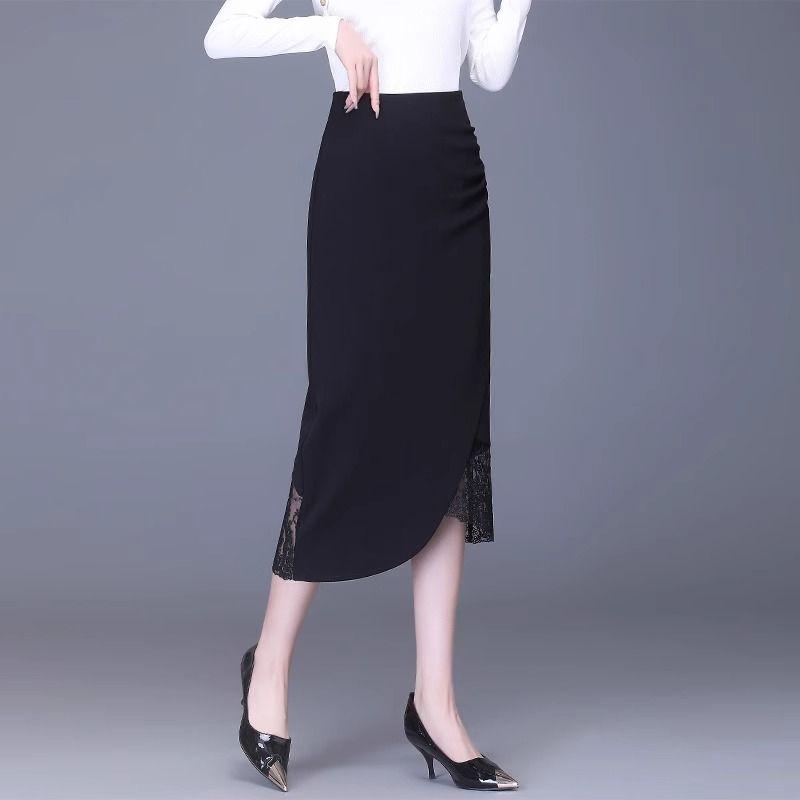 Irregular Half Length Skirt for Women Spring/Summer Collection Medium Length Style Lace Splicing Black Hip Wrapping Skirt