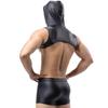 Men's Sexy Hollow Faux Leather Boxer Shorts Porn Set Crop Cord Sleeveless Hooded Nightclub Erotic Rave Costume