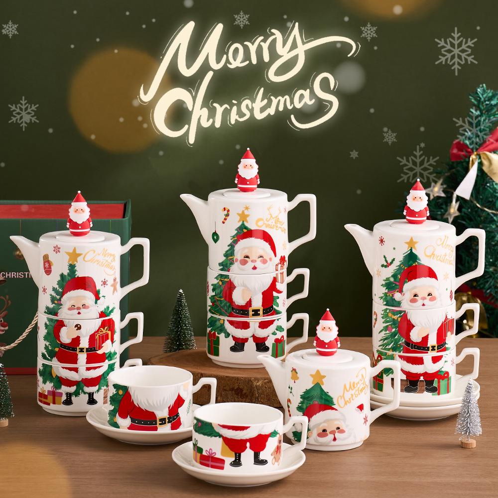 Рождественский керамический чайный сервиз с одним чайником и двумя чашками