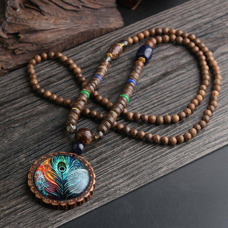 Boho Wooden Bead Ethnic Style Pendant Necklace Women Long Sweater Chain Jewelry Accessories