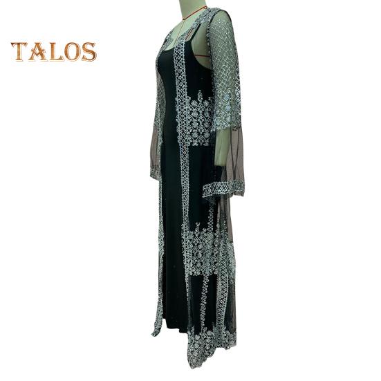 2 Pcs/Set Women Evening Dress Big Swing Shiny Bronzed Cardigan Slip Dress Set See-through Mesh Long Sleeve Coat Cocktail Events Special Occasions