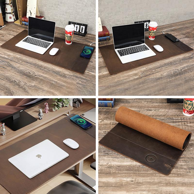 Extra Large Retro Brown Leather Mouse Pad with 15W Wireless Charging - Dirt-resistant & Waterproof for Office Desk
