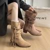 Ретро плетеные ботинки Мартина с бахромой женские 2025 осенние модели толстый каблук тонкое среднее голенище египетские ботинки ботинки пустоши женские