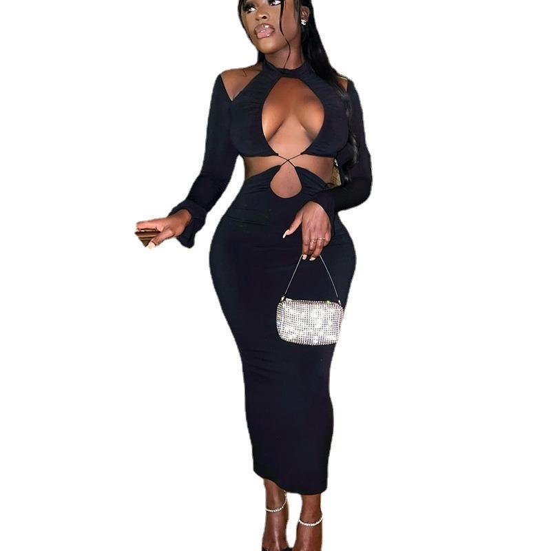 Женское сексуальное платье с круглым вырезом, однотонное, с запахом на груди, с длинным рукавом, с открытой спиной, для уличного ночного клуба, с бедрами
