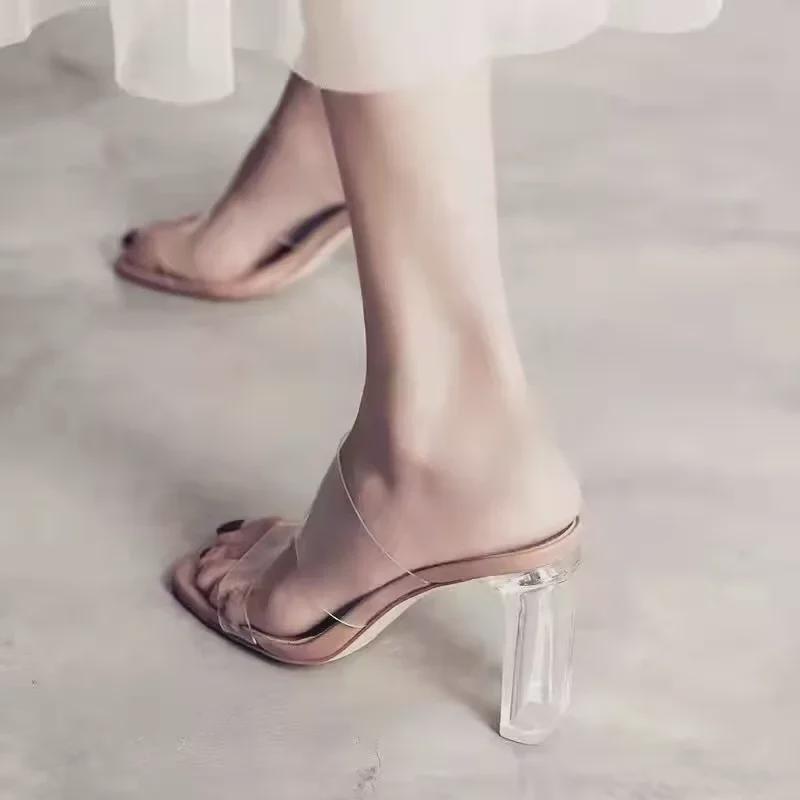 Женские модные босоножки на высоком каблуке с толстым каблуком и прозрачным ремешком, лето 2025 г.
