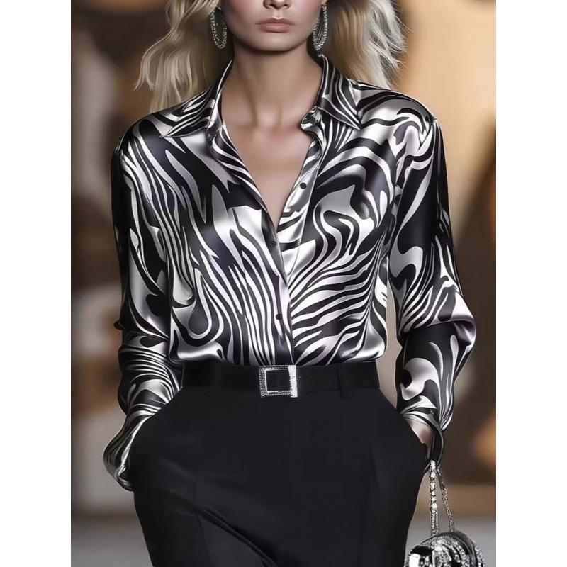 Весна 2025 Леопардовый принт Высокоэластичная атласная рубашка на пуговицах - Повседневная свободная европейская американская женская мода