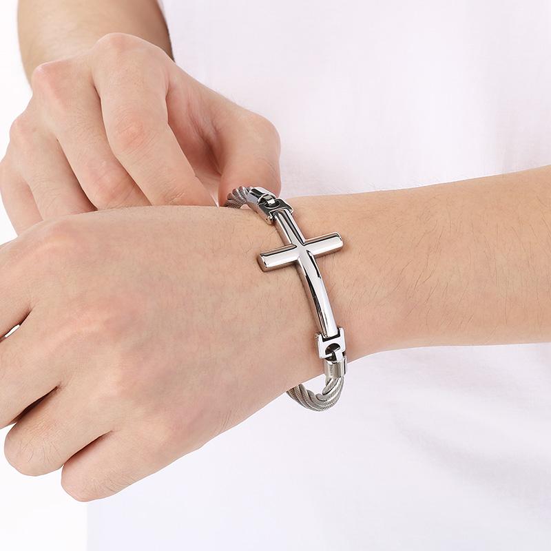 Chunky Stainless Steel Wire Chain Bangle Men's Personalized Classic Cross Bracelet Jewelry Gothic Vintage Black Accessory