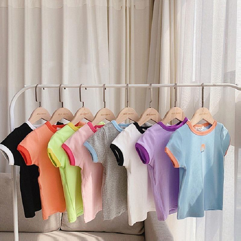 Футболка ярких цветов с мультяшным принтом ярких цветов для мальчиков и девочек, футболка с короткими рукавами и круглым вырезом, детская классная футболка