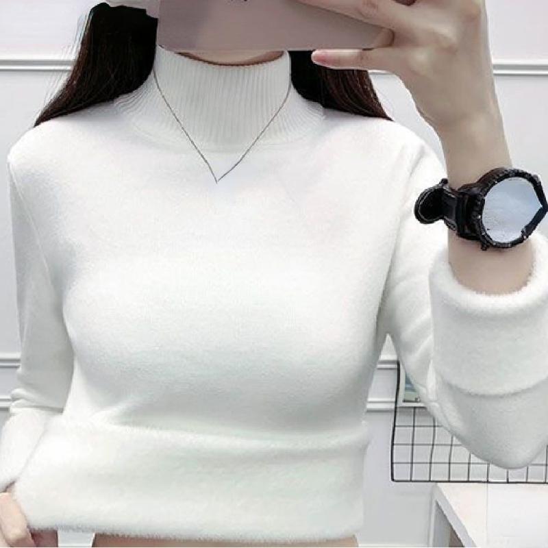 Корейский теплый свитер, пуловер, женский зимний тонкий утепленный плюшевый трикотаж на бархатной подкладке, джемпер, полуводолазка, поляры, мягкие вязаные топы