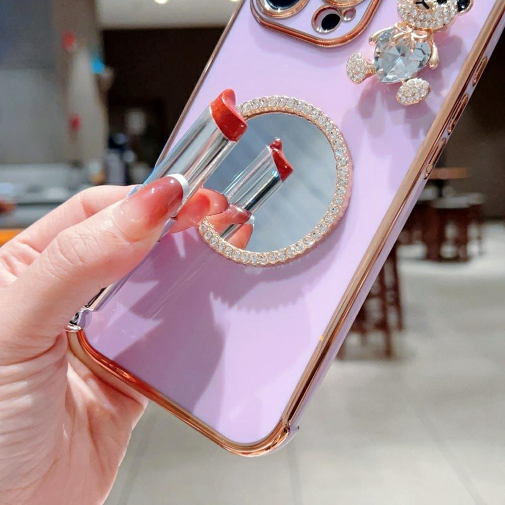 Чехол для iPhone 16 Pro с рисунком сердечек, гальванизированный ТПУ чехол для телефона с маленьким мишкой и зеркалом