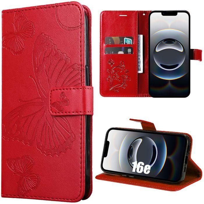 Coque de Protection - BOOLING - pour iPhone 16e - Antichoc Anti-Rayures Effet Cuir Rouge Motif Papillon