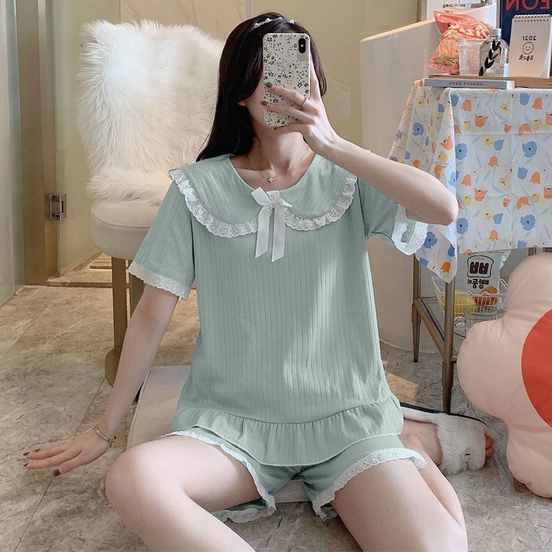 Pajama Women's Short Sleeved Cotton Cute Princess Style Summer Lace Home Clothing Set
