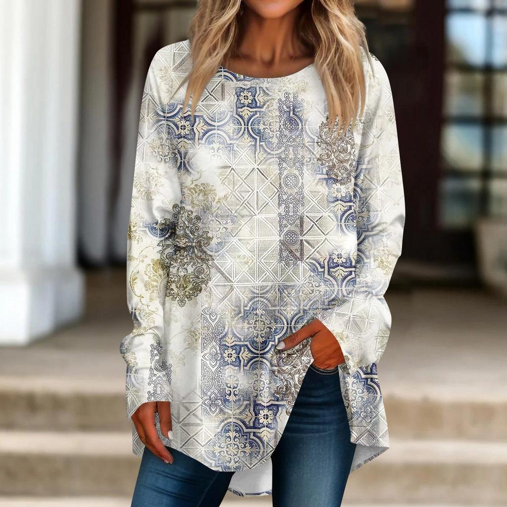 Женская повседневная футболка больших размеров с длинными рукавами и круглым принтом, верхний пуловер