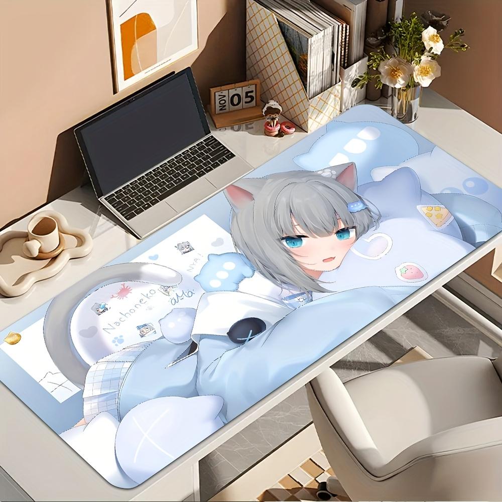 Игровой коврик для мыши, большой коврик для стола, нескользящий, прошитые края, светло-голубой, Аниме-принт 'Девушка-кошка', коврик для клавиатуры для геймера, домашний офис