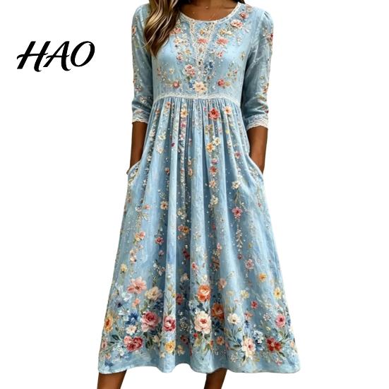 Floral Dresses for Daily Wear Long Sleeve Dress, Women Cottagecore Waist Cinching Soft Skin Friendly Autumn Midi Dress Vacation Street Party Date Chic