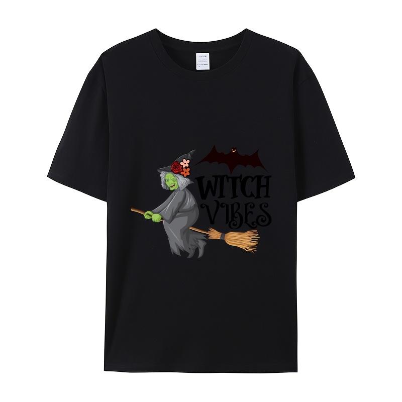 Witch on Broomstick with BatPrint T-Shirt Summer Casual Streetwear Men Women Unisex Fashion Tshirt Top