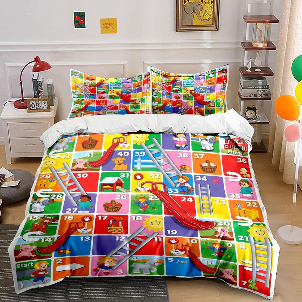 Farm Snakes And Ladders Game Duvet Cover Set, Kids Cartoon Farm Animal Bedding Includes 1 Duvet Cover And 2 Pillowcase,Gift