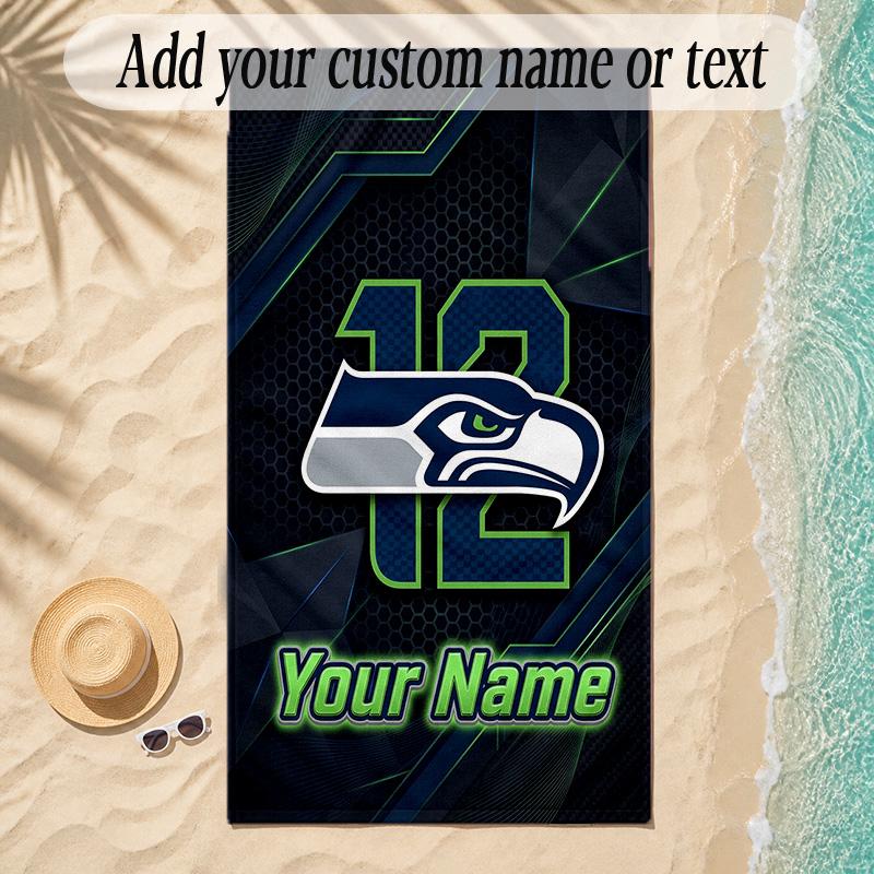 Beach TowelSeattle Seahawks Custom Name Text Personalized Soft Towel for Beach Pool Indoor Home Decor Gift
