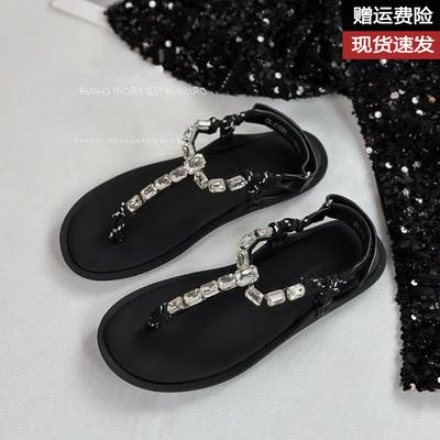 Летние новые сандалии-шлепанцы из овчины со сверкающими стразами, в сказочном стиле, для отпуска, пляжа, плоские с открытым носком