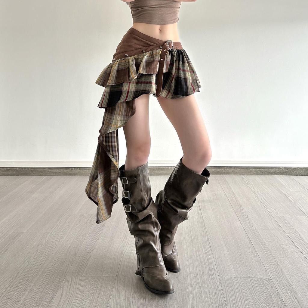 Американский уличный стиль Клетчатая пэчворк мини-юбка с низкой посадкой
