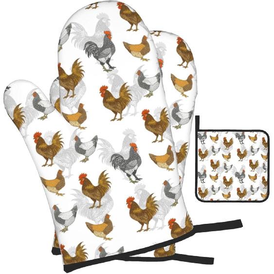 Roosters Chichen Oven Mitts Heat Resistant, Rustic Farmhouse Pot Holders and Oven Gloves Set for Kitchen Decor, Baking Gloves Hot Pads for Cooking