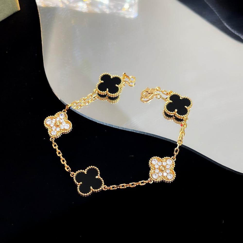 Браслет «Четырехлистный клевер» с пятью цветками, версия High, натуральный фиолетовый халцедон, лазерная CNC-резьба, 18 карат, не тускнеющий, женский браслет