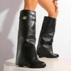 Модные черные кожаные сапоги до колена для женщин, сексуальные сапоги с острым носком и прямым голенищем, женские сапоги в панк-стиле на танкетке и высоком каблуке, длинные сапоги для женщин