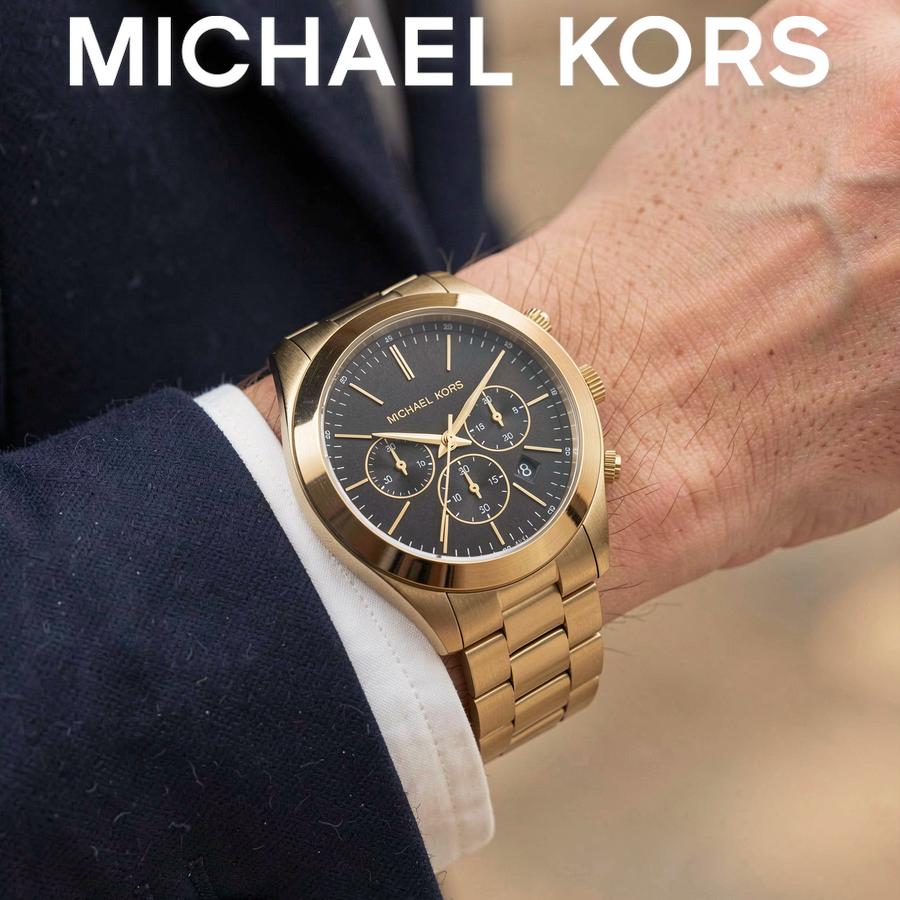 MICHAEL KORS Slim Runway Men's Quartz Chronograph Watch Black Dial Gold-Tone Steel Bracelet 44mm MK1076