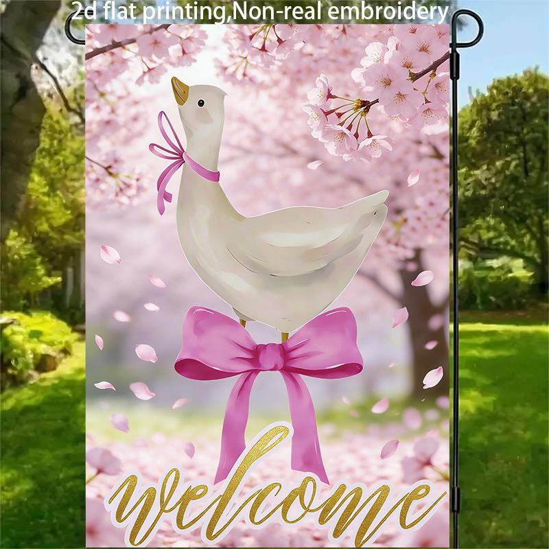 2D Flat, 1pc, 2D Flat Printing, Cherry Blossom Goose Welcome Garden Flag, Polyester Material, Multiple Sizes Available, Machine Washable and Durable f