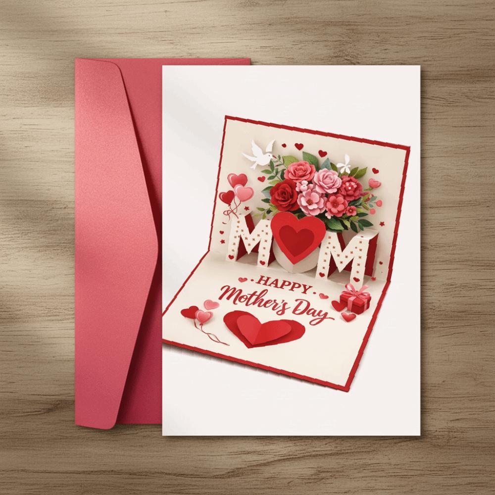 Imitation 3D Mother's Day Greeting Card Gift Box Printed with the Words Happy Birthday Card Rose Heart Patterns Surprise