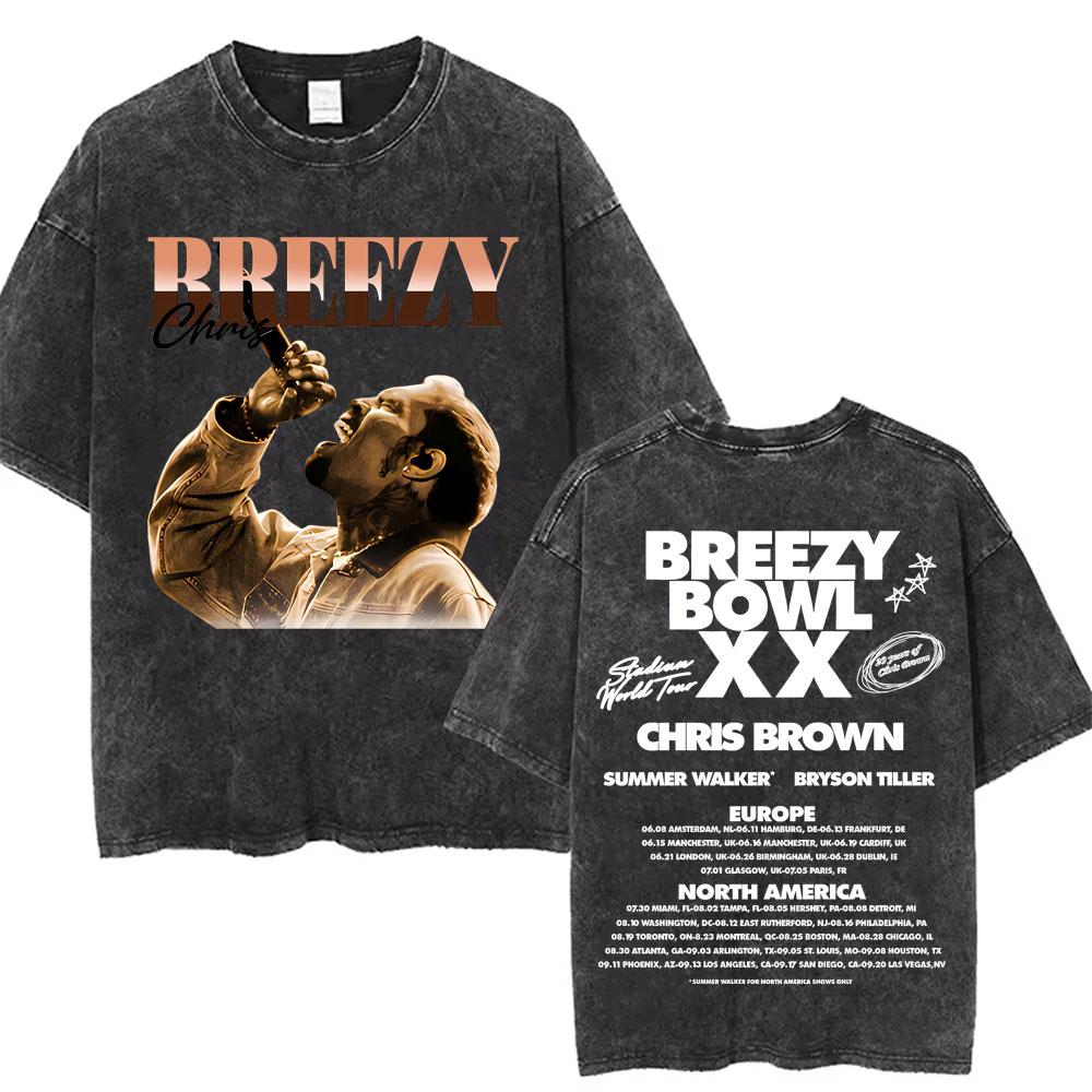 retro Washed Chris Brown Breezy Bowl XX Tour Graphic T Shirts Men Hip Hop Fashion Casual Tshirts Unisex Summer Cotton tees
