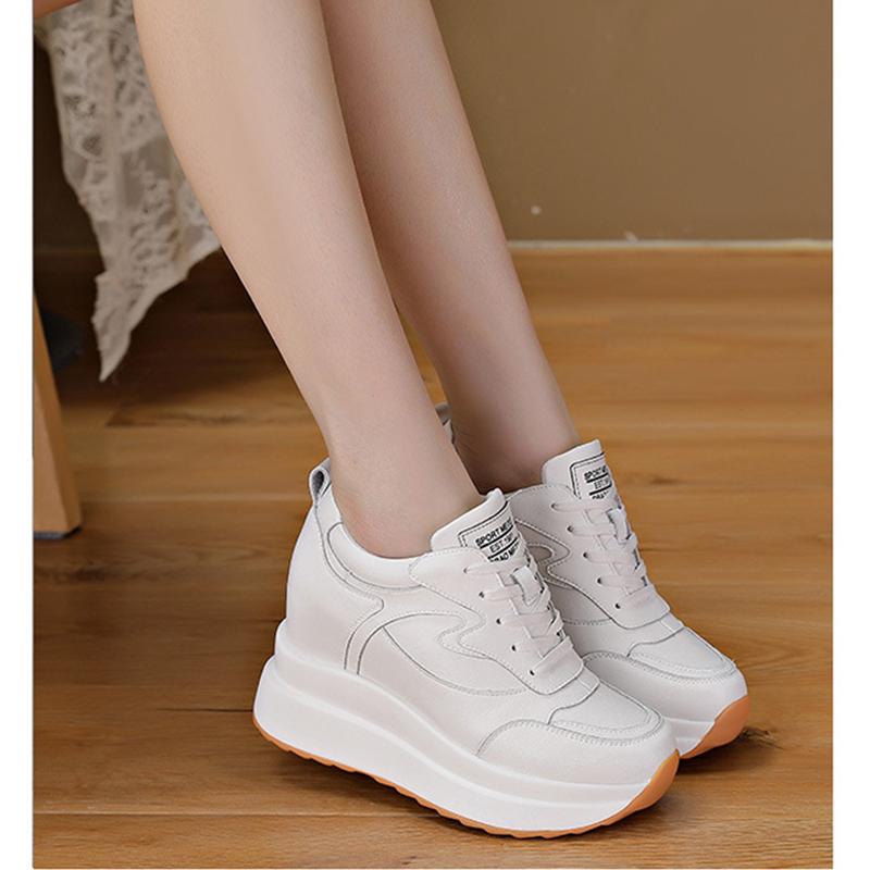 Genuine Leather Shoes Women Fashion Sneakers Flat Platform Brand Ladies Casual Shoes Height Increasing 10cm Black White