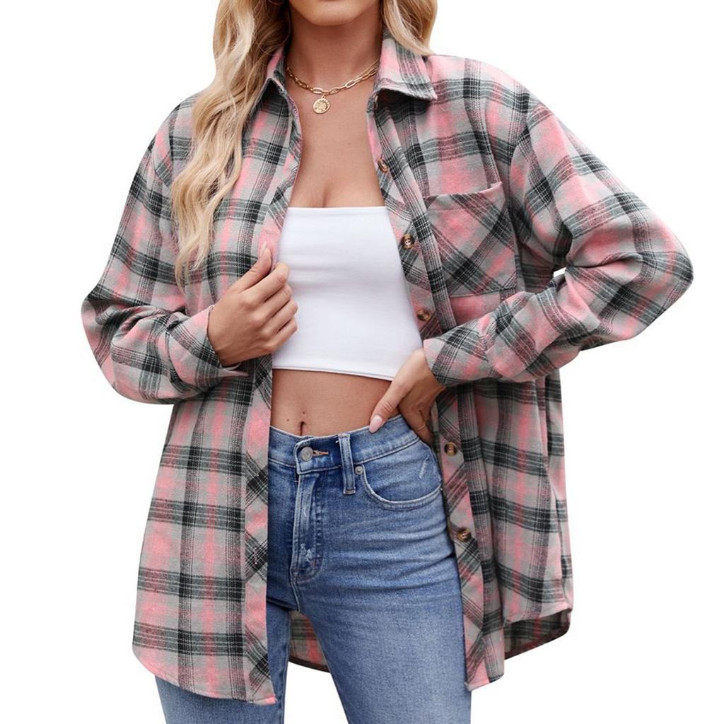 Women's Fashionable Wide Plaid Long Sleeved Loose Button Pocket Shirt Jacket